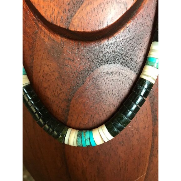 Vtg Heishi Necklace Shell Disc & Turquoise Beads With Various Other Gemstones - Picture 7 of 9